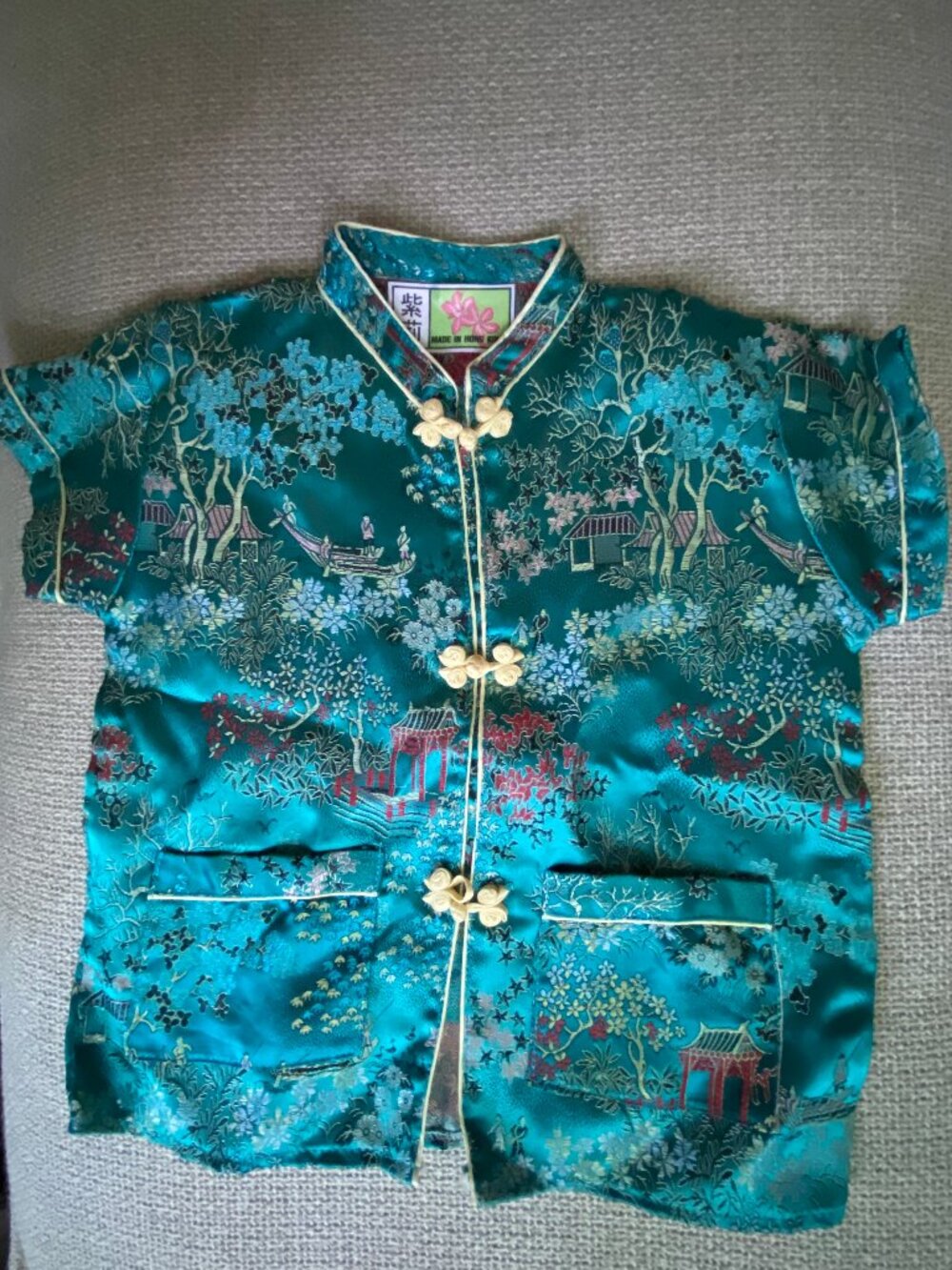 🐉 Vintage Teal Satin Brocade Children's Chinese Tang Jacket - Made in Hong Kong
